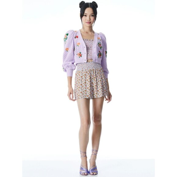 Alice + Olivia Morita Lavender Multi Floral Puff Sleeve Cardigan XS - Picture 7 of 15